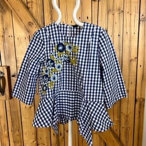 Zara xS Women’s gingham embroidered peplum top blue